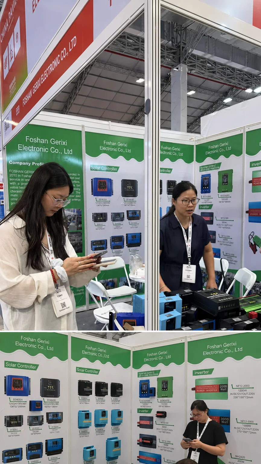 Gerixi team presenting solar controllers and inverters at an international exhibition