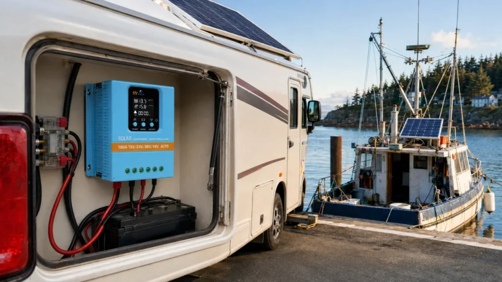 RV and marine solar power application with charge controller and battery system