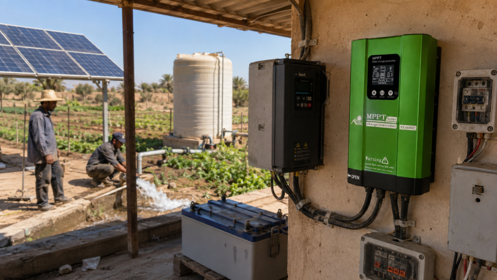 Solar panels and charge controller used in an off-grid power system