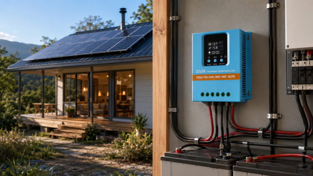 Residential off-grid home with rooftop solar panels